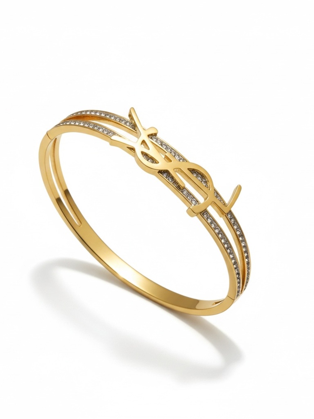 Y S L logo DESIGNER GOLD TONE CRYSTALS BANGLE BRACELET stainless steel NEW
